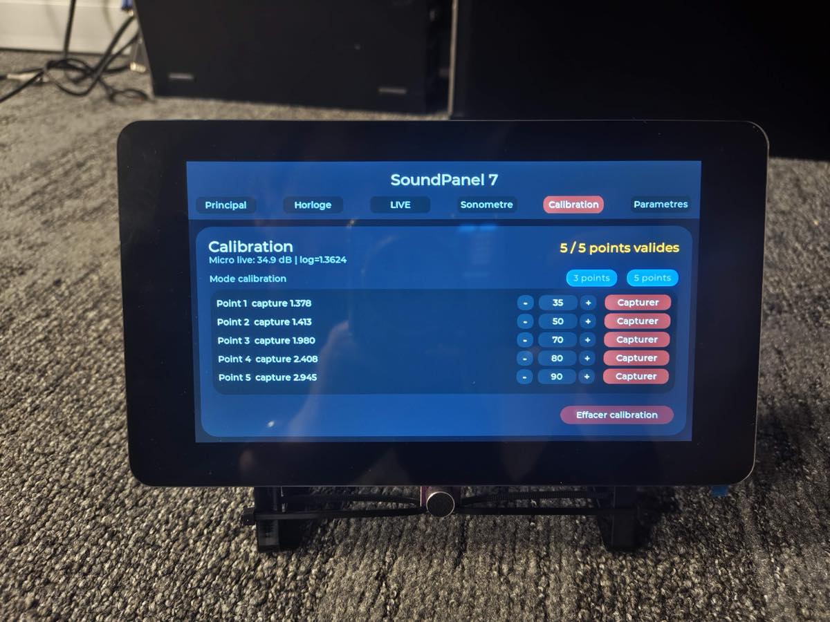 Écran de calibration du microphone du sonomètre connecté SoundPanel 7 avec cinq points de mesure